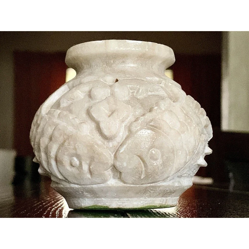 Vintage Chinese Hand Carved Soapstone Vase Double Koi Fish Motif Asian Decor
